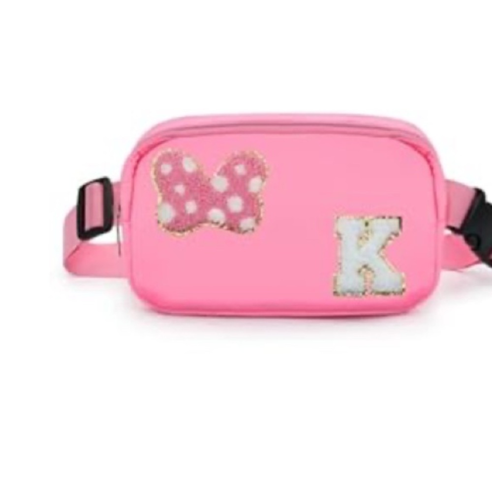 Chenille Lettering Pink Fanny Pack with Bow and Letter K